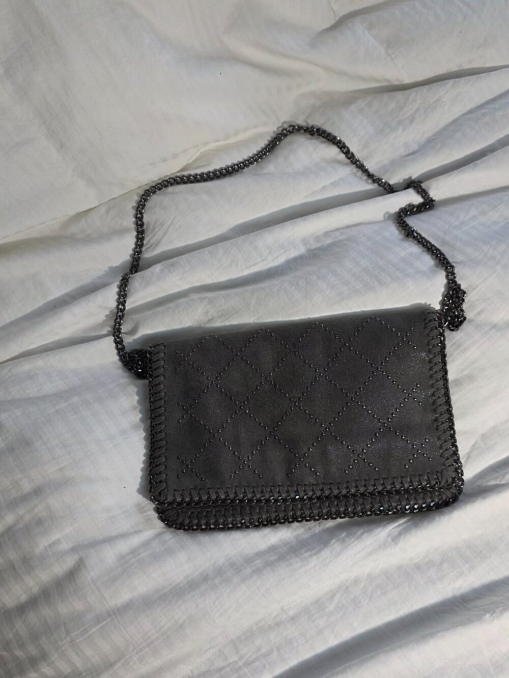 Gray Crossbody quilted Bag with Chain Strap and Decorative Stitching Vegan leath